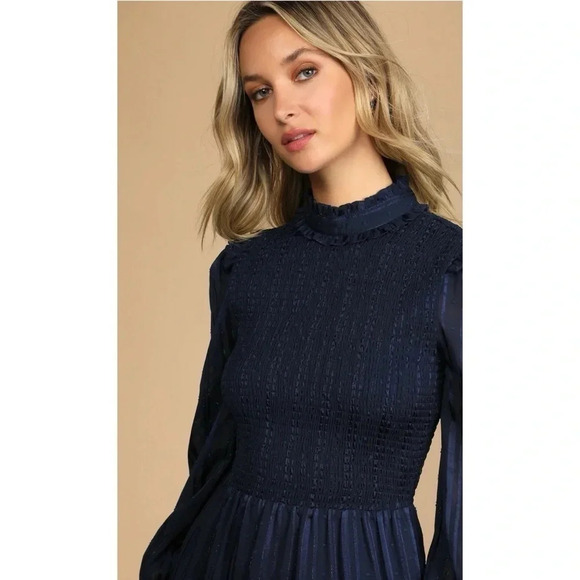 Lulus Navy Heartful Romance Navy Striped Smocked Long Sleeve Mini Dress XL - Picture 12 of 14